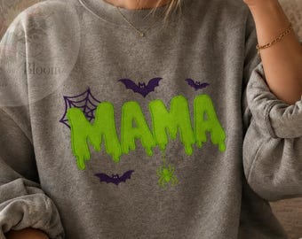 Sudadera de Halloween para mamá, sudadera de cuello redondo bordada para mamá, sudadera de Halloween con apliques brillantes, camiseta de Halloween para mamá espeluznante