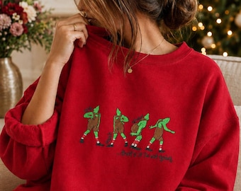 Sudadera navideña divertida bordada, jersey de cuello redondo navideño, suéter rojo festivo, camiseta con ambiente navideño, bordado navideño