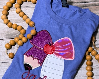 Camiseta personalizada para niñas para la vuelta al cole, camiseta con lazo bordado, camiseta escolar con nombre personalizado, conjunto para el primer día de clase.