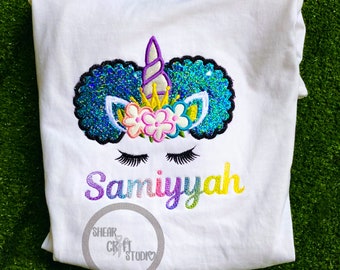 Chica negra Afro Puff Unicorn Bordado Camiseta