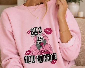 Sudadera de terror bordada con diseño Boo You Horror, suéter de Halloween lindo y espeluznante, cuello redondo