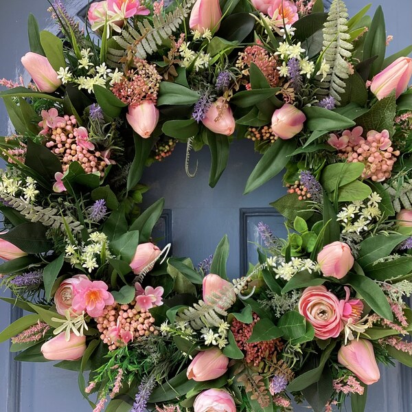 Spring Tulip Wreath,Pink Tulip Wreath,Summer Door Wreath,Tulip Lavender Wreath,Large Door Wreath 60cm