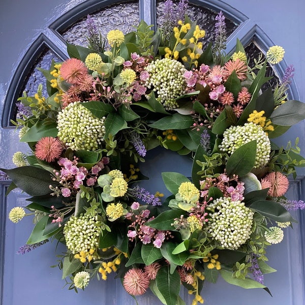 NEW Spring Meadow Wreath,Pink Yellow White Wreath,Front Door Wreath,Summer Wreath,Gift Wreath,Home Decor Wreath,Thistle Lavender Wreath,50cm