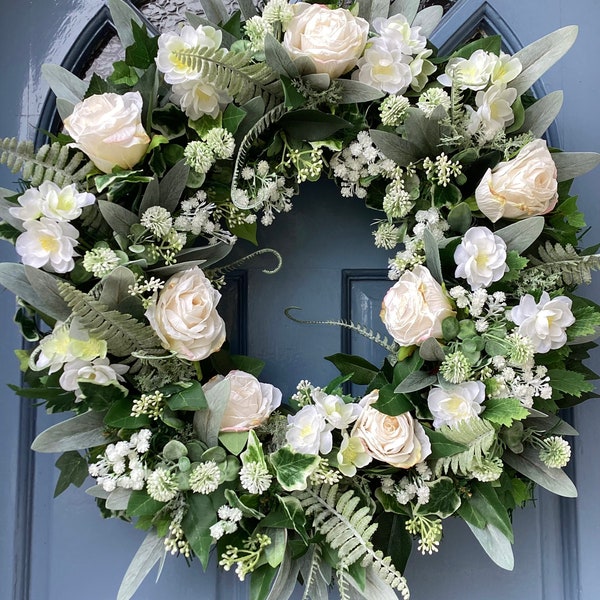 NEW Spring Wreath,Summer Wreath,White Ivory Wreath,Large Door Wreath,Dry Look Rose Wreath,Wedding Wreath,Gift Wreath 60cm