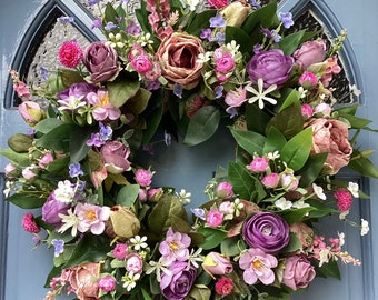 NEW Spring Summer Wreath,Dry Look Cabbage Rose Wreath,Purple Pink Wreath,Large Door Wreath 50cm