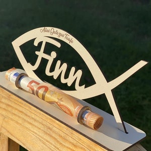Money gift for a baptism made of wood, fish with desired name including engraving made of wood