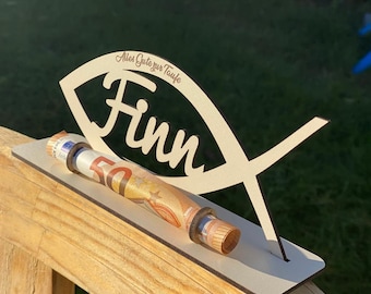 Money gift for a baptism made of wood, fish with desired name including engraving made of wood