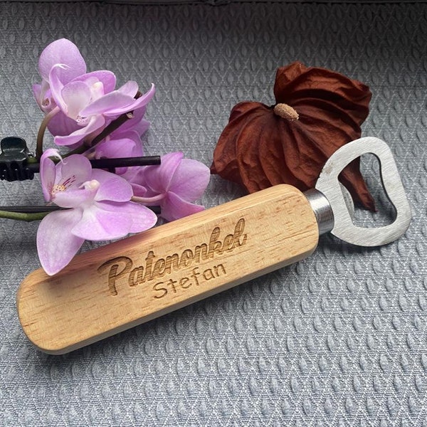 Personalisierter Flaschenöffner aus Holz "Buche"  Patenonkel Geschenk , Kapselheber mit Gravur, Taufgeschenk für den Paten beidseitig