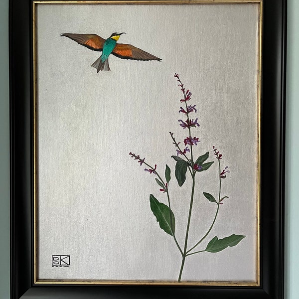 Large original oil painting of European Bee-eater bird and salvia flowers.