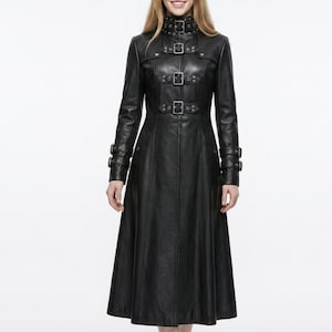 Gotisk lädertrenchcoat för kvinnor | Lång svart läderkappa | Vampyrdrottningskappa | Viktoriansk gotisk överrock | Läderjacka med mörk fantasi bild 1