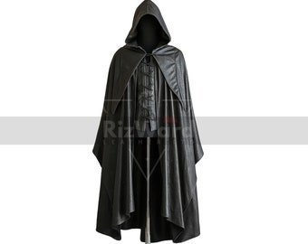 Black Leather Hooded Cloak: Medieval Assassin Cosplay Costume