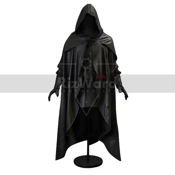 Handmade Black Leather Hooded Cloak: Medieval Cosplay Costume