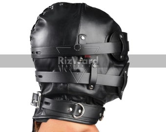 Heavy Duty Total Lockdown Black 100% Genuine Leather BDSM Hood With Additional Blindfold & Mouth Stuffer Gag | Fetish Mask | BDSM Hood