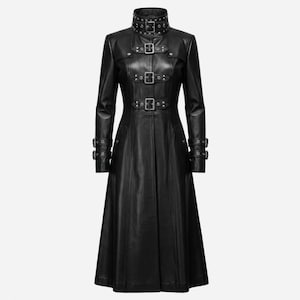 Gotisk lädertrenchcoat för kvinnor | Lång svart läderkappa | Vampyrdrottningskappa | Viktoriansk gotisk överrock | Läderjacka med mörk fantasi bild 2