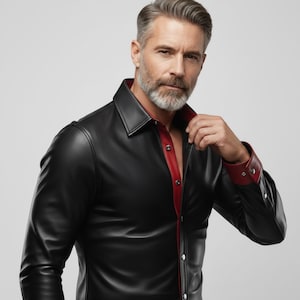 Chaqueta de cuero negra para hombre, camisa de cuero gótica con forro rojo, camisa de cuero ajustada con botones, atuendo cyberpunk, estilo vampiro, ropa de escenario