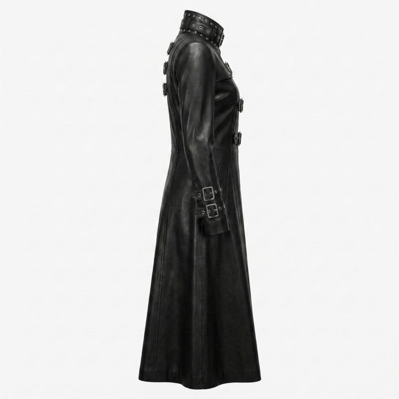 Gotisk lädertrenchcoat för kvinnor | Lång svart läderkappa | Vampyrdrottningskappa | Viktoriansk gotisk överrock | Läderjacka med mörk fantasi bild 4
