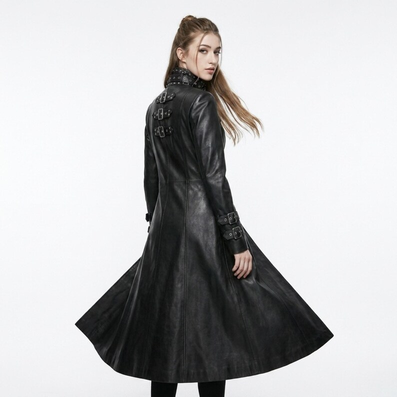Gotisk lädertrenchcoat för kvinnor | Lång svart läderkappa | Vampyrdrottningskappa | Viktoriansk gotisk överrock | Läderjacka med mörk fantasi bild 6