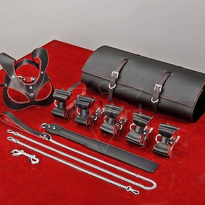 Luxury Black & Red Leather Kinky Restraints Kit - Fetish Adult Restraints Set with Cuffs and Chains - Kinky Restraints for Couples Love Play