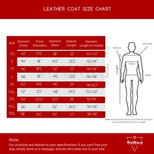 May include: A red and white leather coat size chart with measurements in inches. The chart includes sizes XS to 5XL, detailing chest, shoulder, waist, and sleeve lengths. A diagram illustrates measurement points. The text at the bottom states that custom sizes are available.