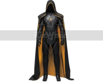 Black And Yellow Leather Hooded Cloak with Armour - Leather Armour Cloak For Cosplay - Medieval Cloak Viking Armour - Leather Costume Gifts