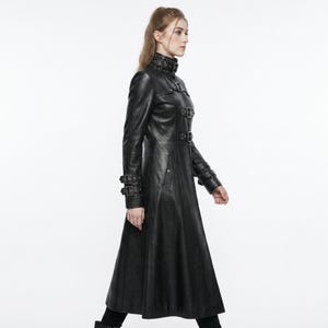 Gotisk lädertrenchcoat för kvinnor | Lång svart läderkappa | Vampyrdrottningskappa | Viktoriansk gotisk överrock | Läderjacka med mörk fantasi bild 8
