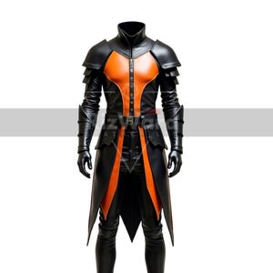 Black & Orange Leather Armor Suit: Viking Assassin Cosplay Costume