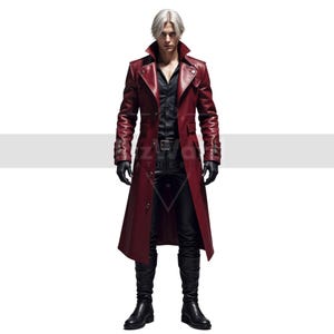 May include: A red leather trench coat with a black shirt and black trousers. The coat has a belt and a collar.