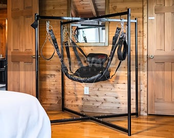 VIP Black Leather Sex Swing with Stand Frame | Leather Bondage Sex Swing | Sex Furniture & Accessories | Stainless Steel Swing Stand Frame