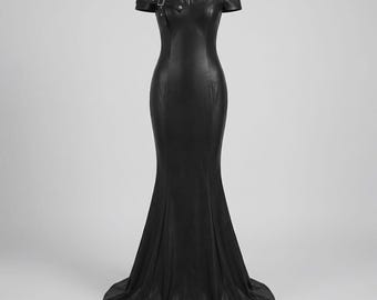 Svart sjöjungfruklänning i läder – Off shoulder gotisk klänning, sexig bodycon-aftonklänning, mörk formell maxiklänning i läder