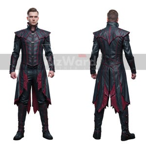 May include: Black and red leather costume with a high collar and intricate detailing. The front view shows a full-length coat with red accents, while the back view highlights the coat's design. The costume includes matching pants and boots.