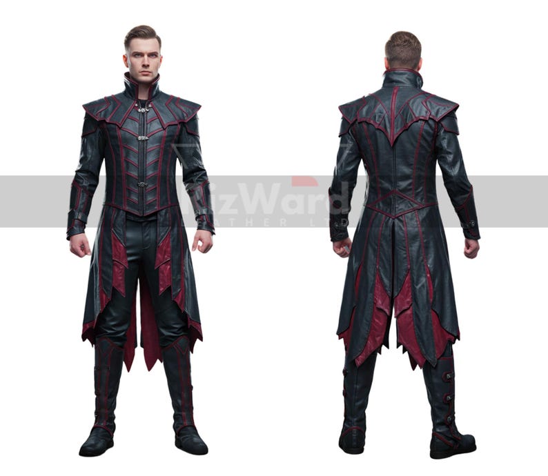 May include: Black and red leather costume with a high collar and intricate detailing. The front view shows a full-length coat with red accents, while the back view highlights the coat's design. The costume includes matching pants and boots.