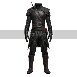 May include: A black leather costume with a high collar, shoulder pads, and a belt. The costume includes a long coat, trousers, gloves, and boots. A sword is sheathed on the back. The outfit is designed with intricate details and textures.