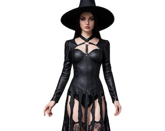 黒革の魔女コスチューム：ゴシックボディスーツドレス、ハロウィンコスプレ