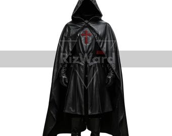 May include: A black leather hooded cloak with a red cross on the chest. The cloak is worn over a black leather tunic and pants. The person is wearing black leather gloves and boots.