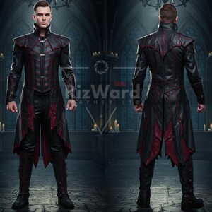 May include: Black leather coat with red accents, featuring a high collar and intricate stitching. The coat has a long, flowing design with decorative panels. The outfit includes matching pants and boots, creating a complete ensemble. The image shows the front and back of the coat.
