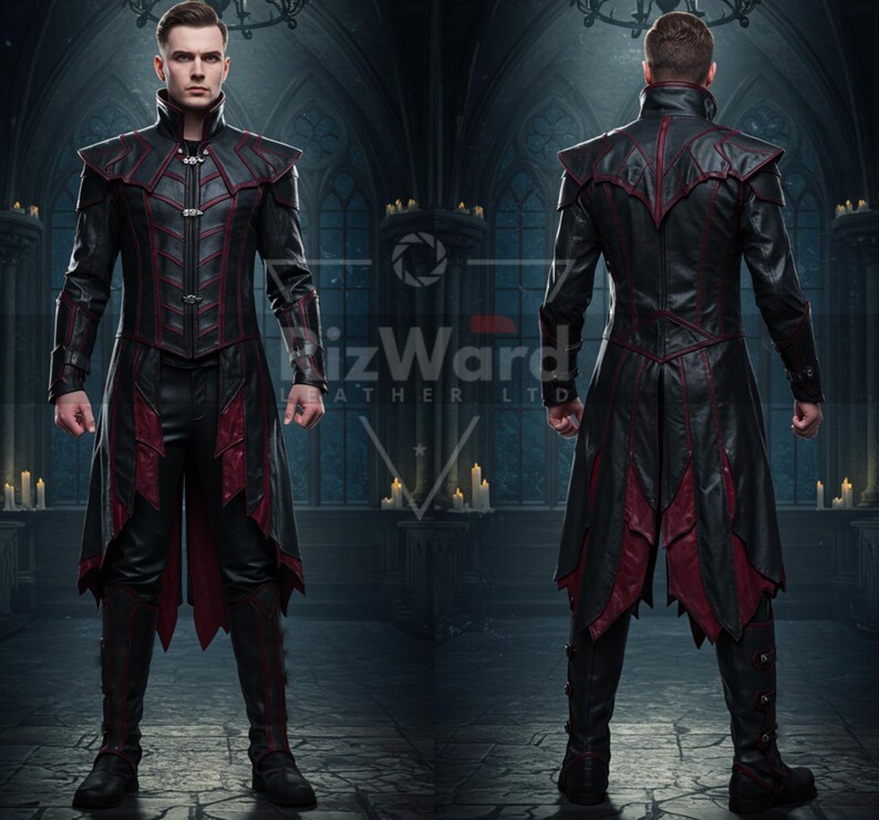 May include: Black leather coat with red accents, featuring a high collar and intricate stitching. The coat has a long, flowing design with decorative panels. The outfit includes matching pants and boots, creating a complete ensemble. The image shows the front and back of the coat.