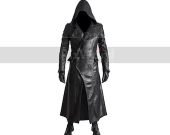 Handmade Black Leather Hooded Coat: Gothic Medieval Cosplay Overcoat