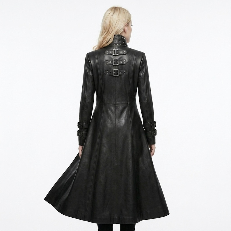 Gotisk lädertrenchcoat för kvinnor | Lång svart läderkappa | Vampyrdrottningskappa | Viktoriansk gotisk överrock | Läderjacka med mörk fantasi bild 5