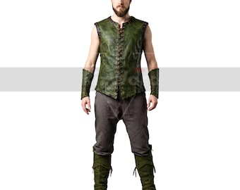 Handgefertigte Elben-Lederweste: Grüne Waldläufer-Rüstung, Renaissance Cosplay