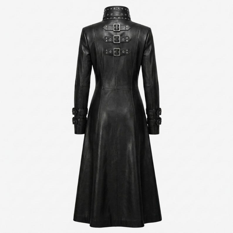 Gotisk lädertrenchcoat för kvinnor | Lång svart läderkappa | Vampyrdrottningskappa | Viktoriansk gotisk överrock | Läderjacka med mörk fantasi bild 3