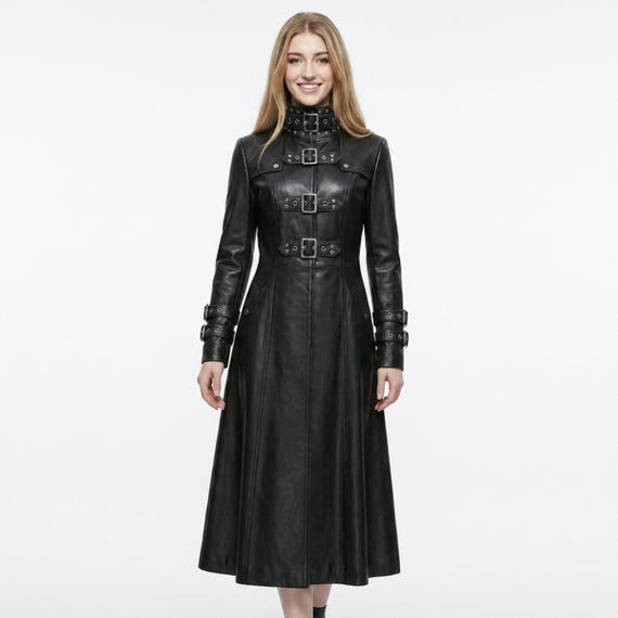 Women's Gothic Leather Trench Coat | Long Black Leather Coat | Vampire Queen Coat | Victorian Gothic Overcoat | Dark Fantasy Leather Jacket