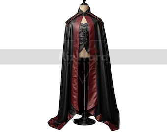 Black & Red Leather Gothic Cloak with Vest - Leather Cloak Halloween Cosplay - Leather Armour Costume - Wizard Cloak Leather Gifts