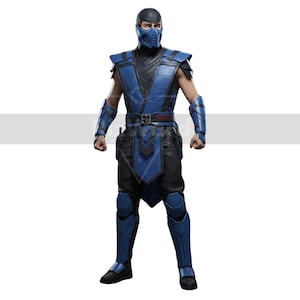 May include: A character in a blue and black costume is shown from head to toe. The costume features a mask, chest armor, and leg guards. The character is set against a white backdrop. The costume has a metallic finish.