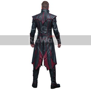 May include: A black and red leather coat with intricate detailing. The coat features a high collar, shoulder accents, and decorative red panels. The long coat extends to the knees and is paired with matching black leather pants and boots.