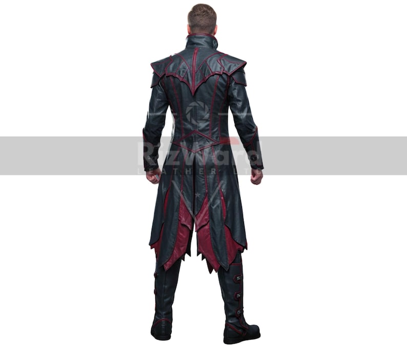May include: A black and red leather coat with intricate detailing. The coat features a high collar, shoulder accents, and decorative red panels. The long coat extends to the knees and is paired with matching black leather pants and boots.