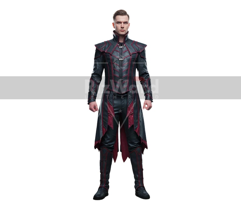 May include: A black and red costume with a high collar, long sleeves, and a tailored fit. The costume features red accents on the chest, shoulders, and lower portion, with a matching pair of boots.
