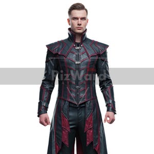 May include: Black and red leather coat with a high collar and intricate paneling. The coat features a zipper closure and decorative accents. The sleeves are long, and the coat extends to the mid-thigh. The text "RizWard Leather" is visible.