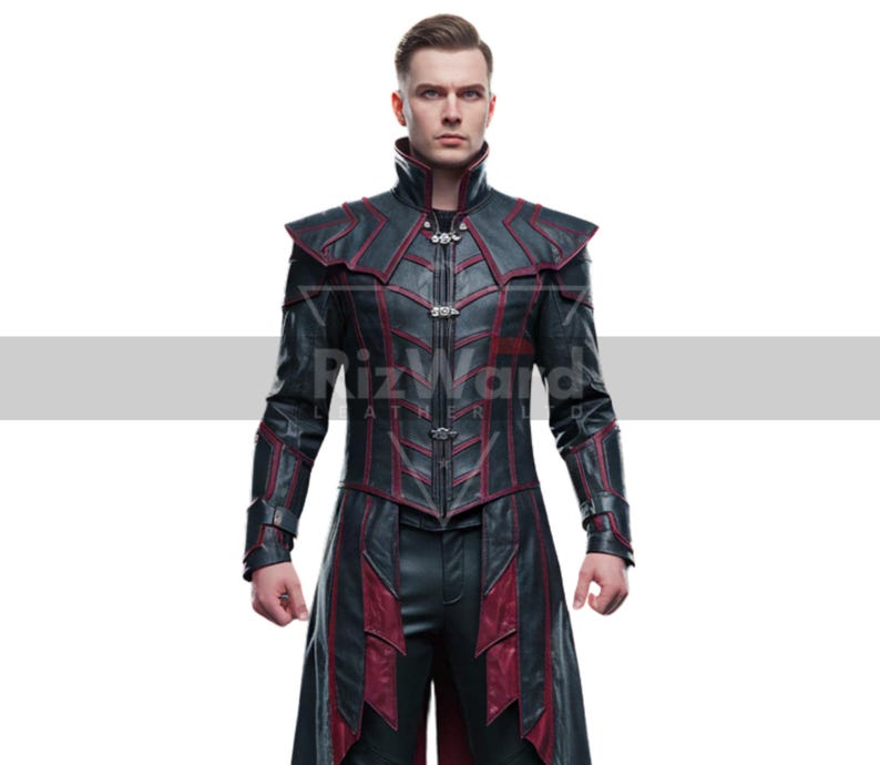 May include: Black and red leather coat with a high collar and intricate paneling. The coat features a zipper closure and decorative accents. The sleeves are long, and the coat extends to the mid-thigh. The text "RizWard Leather" is visible.