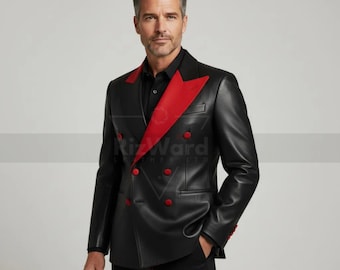 Handmade Premium Custom Black Red Leather Blazer Jacket Men | Double-Breasted Leather Blazer with Peak Lapels Nehru Jacket