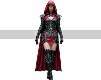 Rood en zwart leren middeleeuwse mantelpantser: gotisch krijgerkostuum